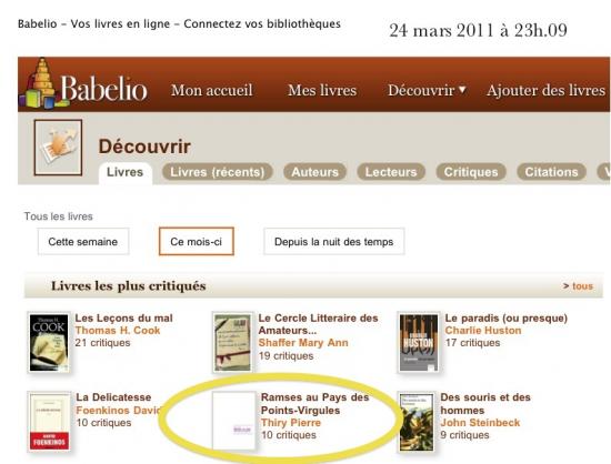 5e livre le plus critiqué du mois sur Babelio le 24 mars 2011