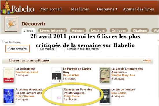 Les six livres les plus critiqués de la semaine sur Babelio (28 avril 2011)